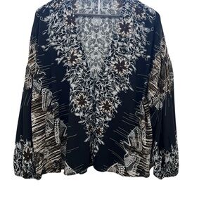 Free People Blouse Women S Black Floral Bird Print Boho V Neck Button Front